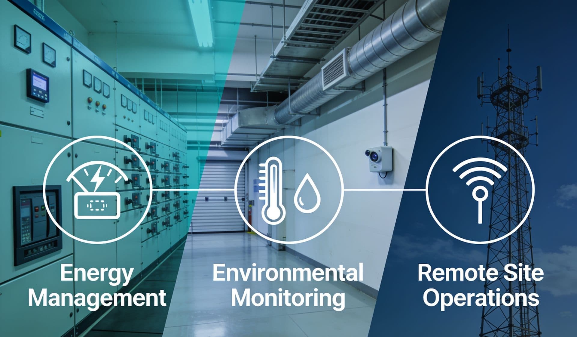 EBox-AIO 應用領域拼貼：Energy Management、Environmental Monitoring、Remote Site Operations 三個工業現場情境
