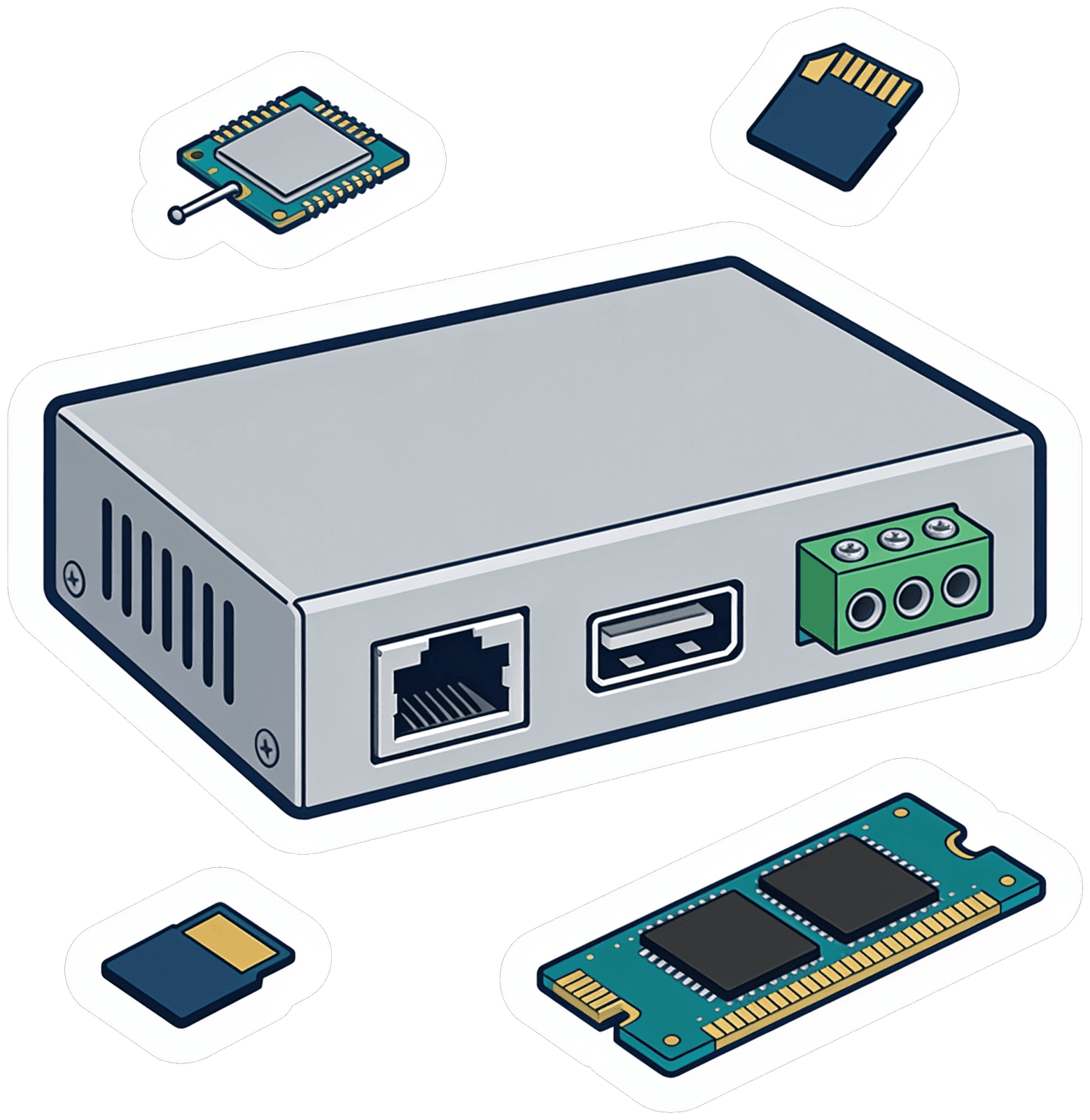 EBox-AIO I/O 與擴充介面示意圖：機盒正面的 RJ45、USB 與 RS-485 端子座，周圍為 4G 模組、SIM 卡、Micro SD 與 M.2 SSD