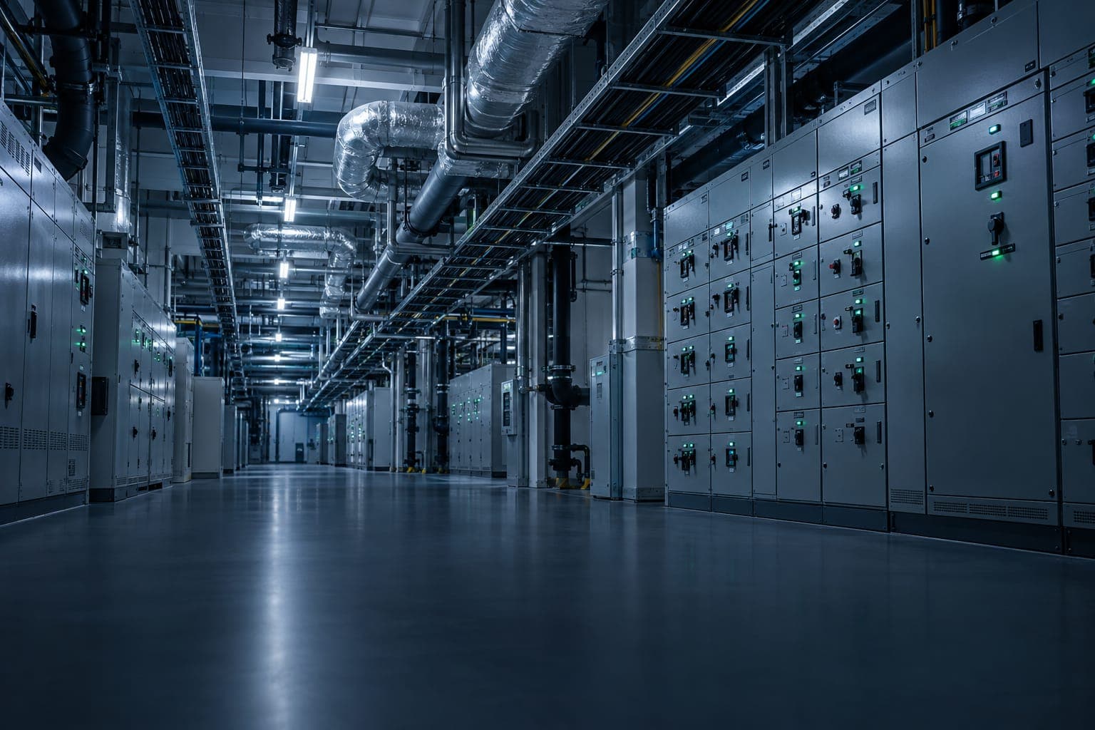 建築機電設備室走廊 配電盤與電纜橋架